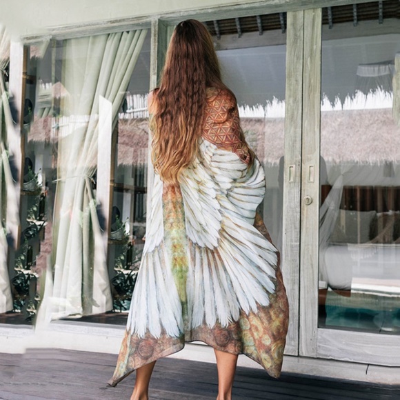 Bohemian Feather Wings Geo Print Kimono Beach Cover up - Picture 12 of 13